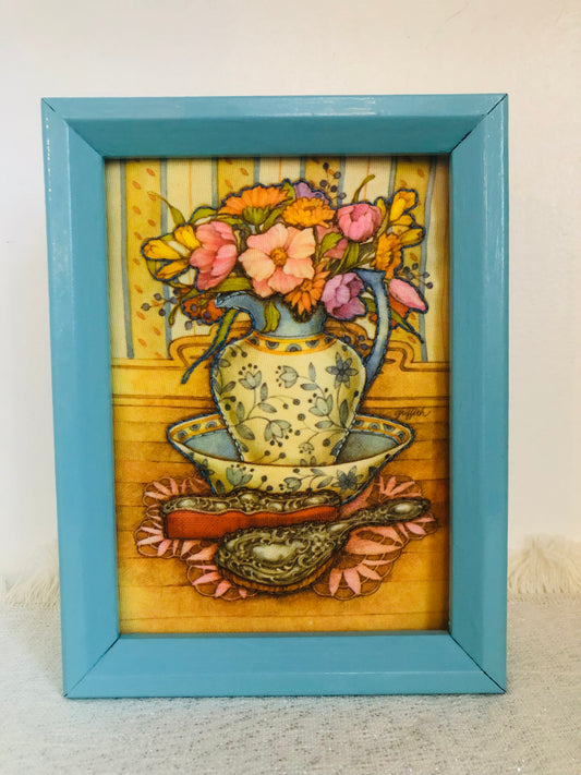 Framed Puffed Fabric Art - Vase with Flowers and Brushes