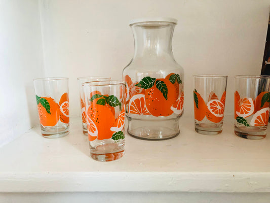 Mid-Century Anchor Hocking Orange Juice Glasses and Pitcher/Carafe