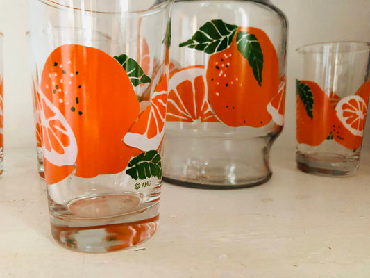 Mid-Century Anchor Hocking Orange Juice Glasses and Pitcher/Carafe