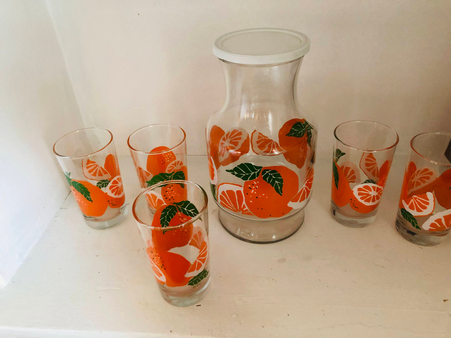 Mid-Century Anchor Hocking Orange Juice Glasses and Pitcher/Carafe