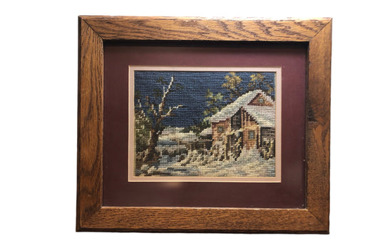 Wood framed yarn art "Snowy Cabin"