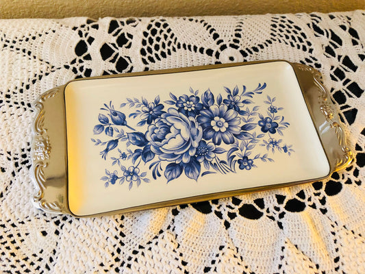 Enameled Royal Blue and White Floral Decorative Tray